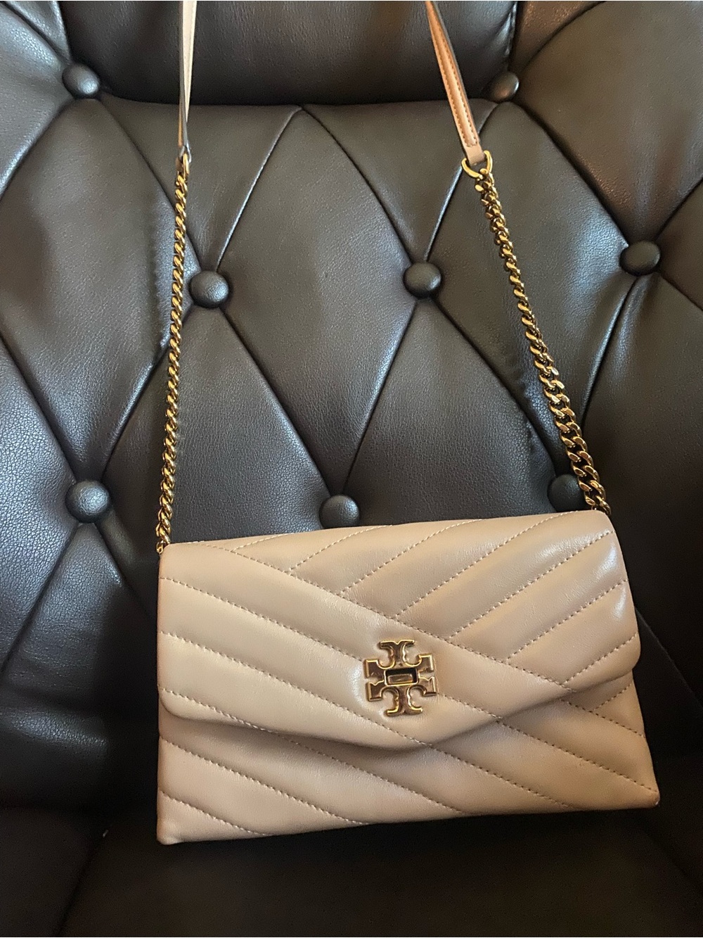 Tory Burch Quilted Beige Leather Crossbody with Gold Logo